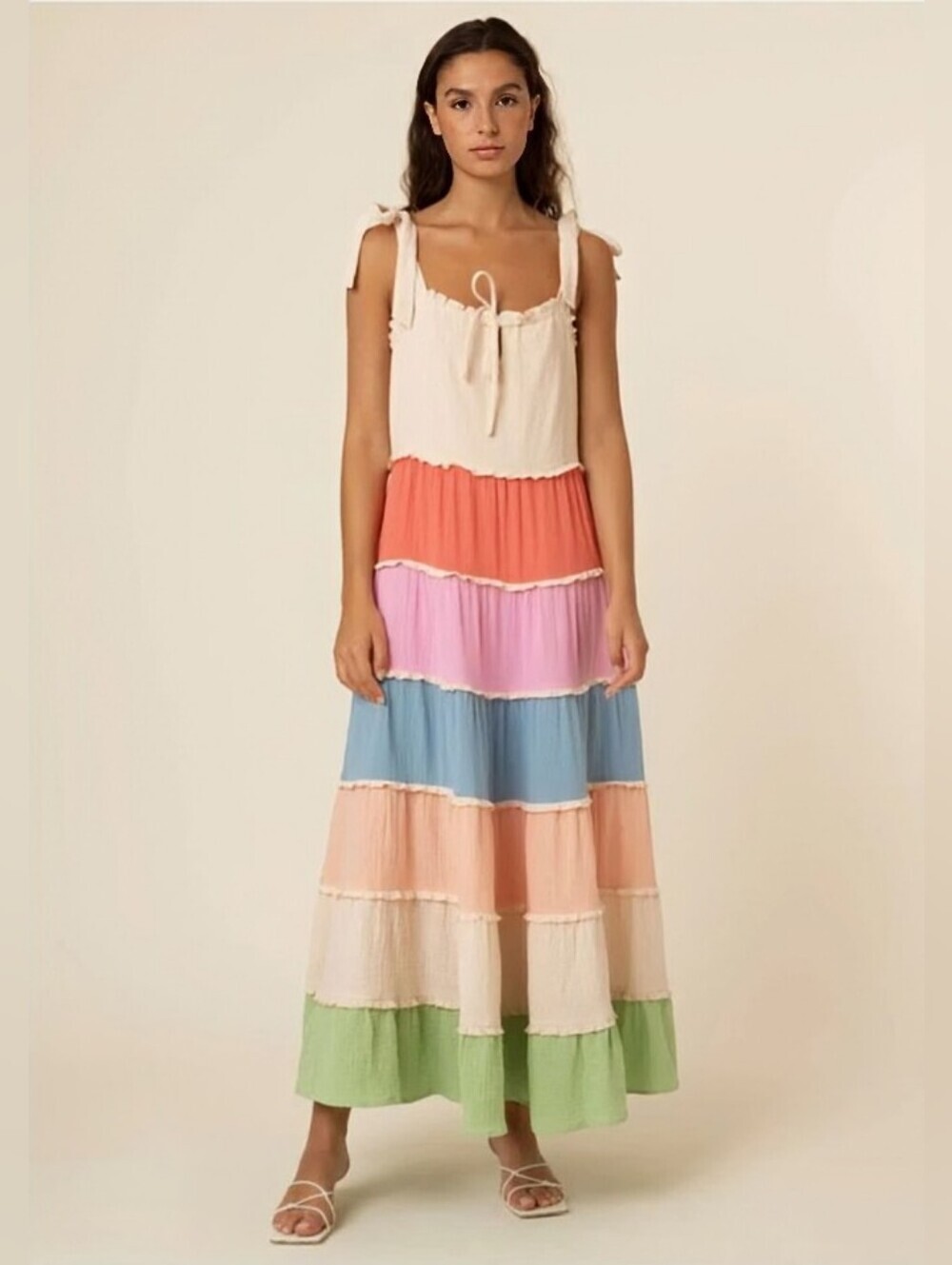 FRNCH Paris Pastel Tiered Gauze Cotton Maxi Dress Tie Strap XS Cottagecore